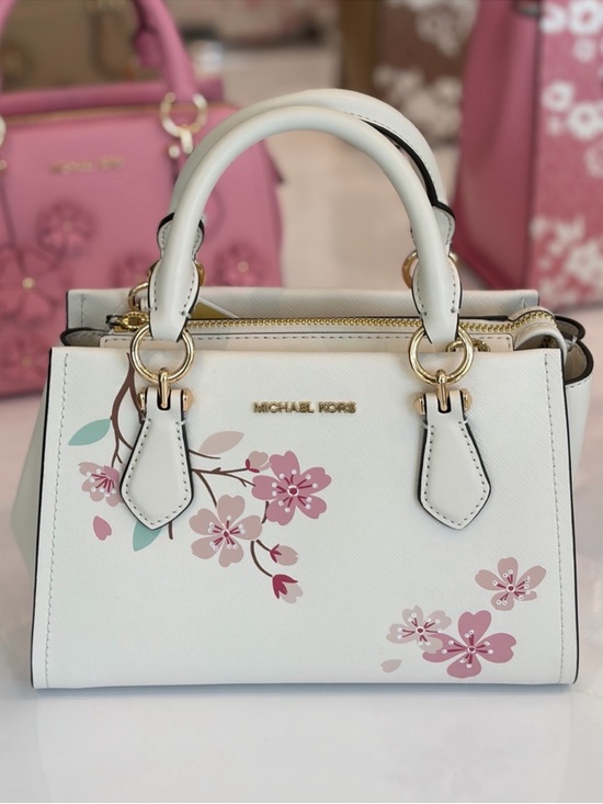 Michael Kors Handbags - Michael Kors White Floral Leather Satchel Crossbody with Pink Accents